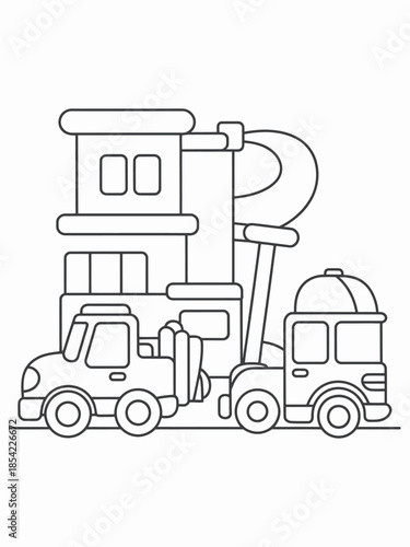 Fire truck and building isolated on white background, Vector, illustration