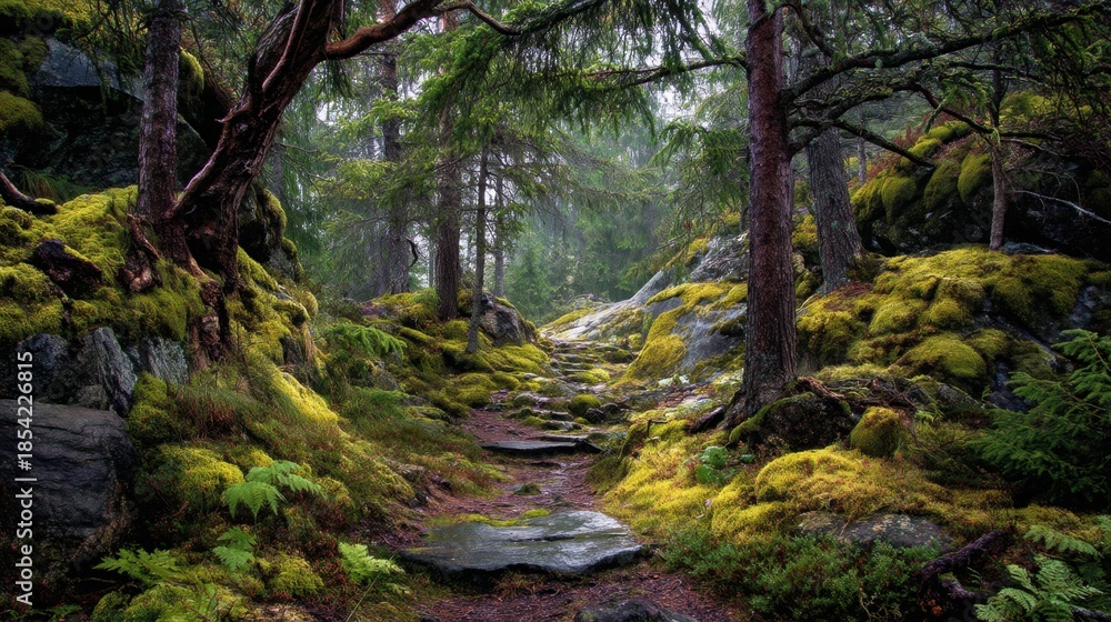 Fototapeta premium A path leads through a dense forest filled with trees. Moss grows on rocks and the ground. Soft light filters through the branches. Ferns grow along the sides adding greenery to the scene.