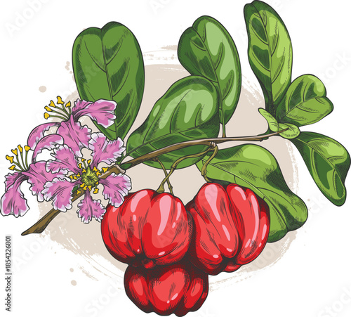 Acerola berry branch with leaves and flowers vector sketch, Barbados red cherry tree, hand drawn exotic fruit superfood