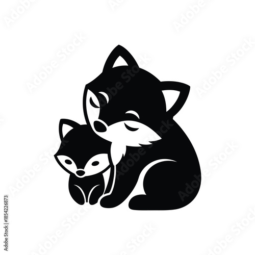 A tender monochrome illustration captures the heartwarming bond between a loving mother fox and her adorable kit, symbolizing care, family, and the beauty of nature's embrace in a stylized graphic