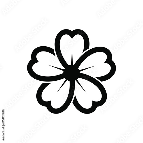 Minimalist black flower blossom vector icon. Elegant graphic element for logos, branding, and design projects. Stylized five-petal floral motif captures spring beauty, ideal for digital artboards