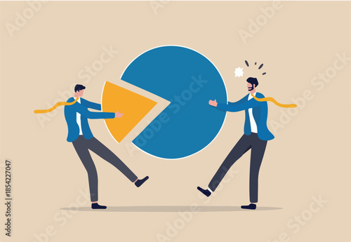Market share percentage of industry sale, business competitor fight or battle to gain more sale concept, businessman fighting for more market share pie chart.