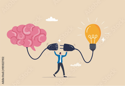 Creativity idea brainstorming, wisdom or imagination to success, connecting new idea or innovation, intelligence or solution concept, businessman connect plug with lightbulb idea to human brain.