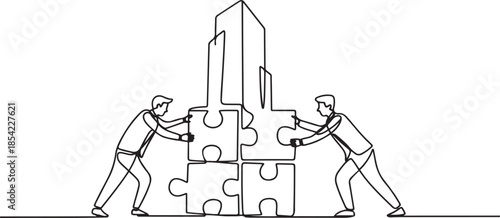 One single line drawing of two young businessman push and arrange puzzle pieces to build a strong building. Trendy business teamwork concept. one line Icon drawing