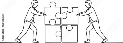 One single line drawing of two young businessman push and arrange puzzle pieces to build a strong building. Trendy business teamwork concept. one line Icon drawing