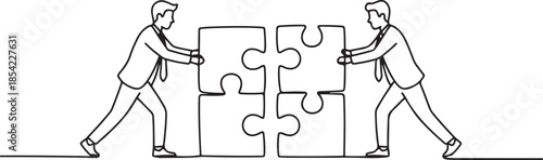 One single line drawing of two young businessman push and arrange puzzle pieces to build a strong building. Trendy business teamwork concept. one line Icon drawing