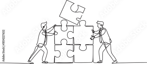 One single line drawing of two young businessman push and arrange puzzle pieces to build a strong building. Trendy business teamwork concept. one line Icon drawing