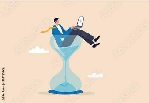 Work against deadline, time counting down to finish project, efficiency to spend time to complete work within timeline concept, busy businessman working with laptop inside hourglass count down timer