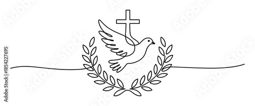 Dove flying with cross and laurel wreath symbol