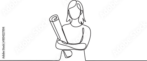 Single continuous line drawing of young female architect holding blueprint paper pose cross arms. Professional work job occupation. one line Icon drawing