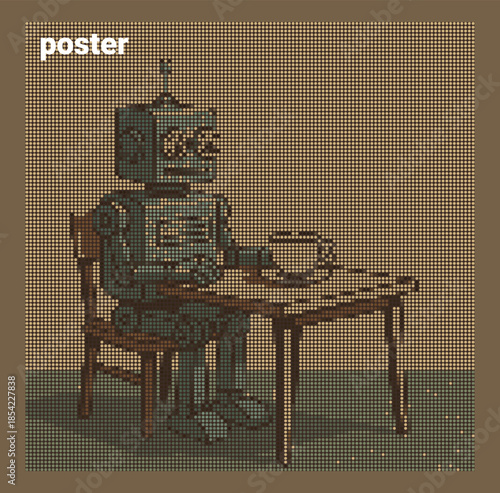 Robot Tea Geometric Steam Halftone Poster Digital Art