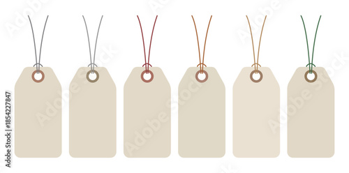 Set of blank paper price tags with colorful strings. Realistic hanging craft labels collection for retail branding, luggage identification, and gift packaging. Minimalist tag mockups on white backgrou