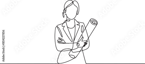 Single continuous line drawing of young female architect holding blueprint paper pose cross arms. Professional work job occupation. one line Icon drawing