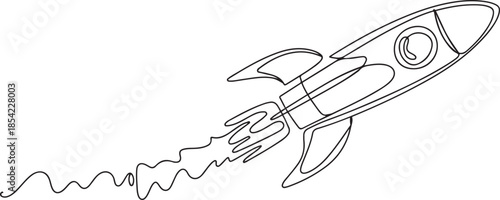 One continuous line drawing of simple retro spacecraft flying up to the outer space nebula. Rocket space ship launch into universe concept. one line Icon drawing