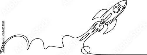One continuous line drawing of simple retro spacecraft flying up to the outer space nebula. Rocket space ship launch into universe concept. one line Icon drawing