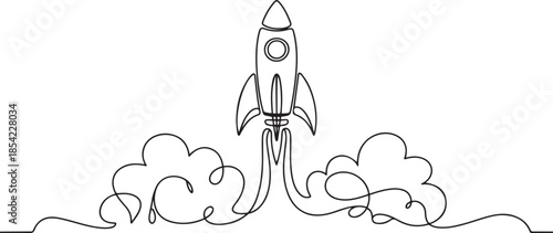 One continuous line drawing of simple retro spacecraft flying up to the outer space nebula. Rocket space ship launch into universe concept. one line Icon drawing