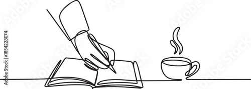 Single continuous line drawing of hand gesture writing on an open book beside a cup of coffee at work desk. Writing draft business concept. one line Icon drawing