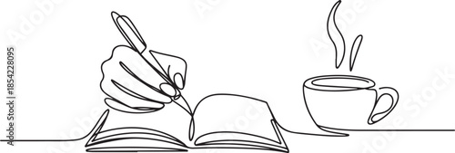 Single continuous line drawing of hand gesture writing on an open book beside a cup of coffee at work desk. Writing draft business concept. one line Icon drawing