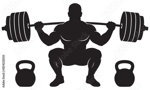 Heavy Barbell Squat Silhouette with Kettlebells – Strength Training Vector