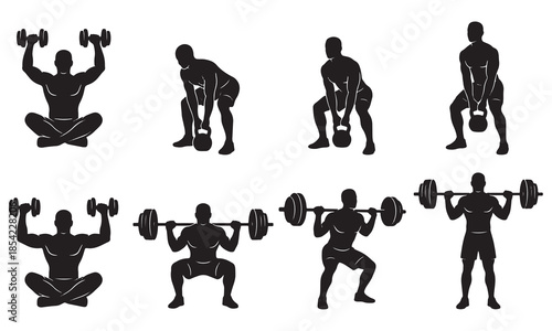 Weight Training Exercise Silhouettes – Dumbbell, Kettlebell and Barbell Workout Vector