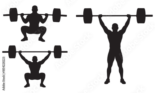 Weightlifter Silhouette Set Performing Overhead Barbell Lifts and Squats