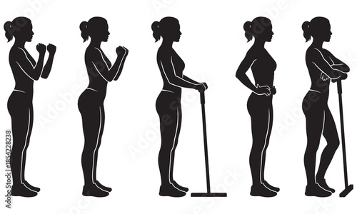 Woman Cleaning with Mop Silhouette Set – Housekeeping Poses Vector