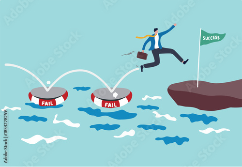 Fail to success, using failure to be lesson learn and creativity to achieve business success concept, smart business jumping on many time of failures floating on water and finally reach success flag.