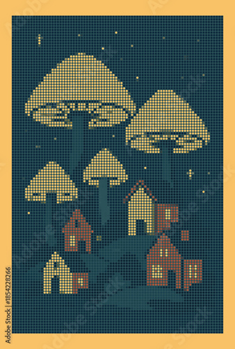 Fantasy Mushroom Cap Houses Halftone Digital Art Poster