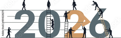 Businessmen climbing ladders to form number 2026 year on checkered background