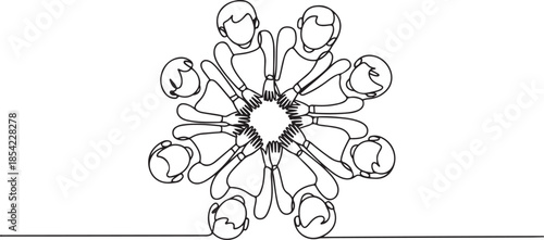 One single line drawing group of young happy business people unite their hands together to form a circle shape symbol, top view. one line Icon drawing