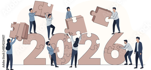 People assembling year 2026 number with large puzzle pieces concept