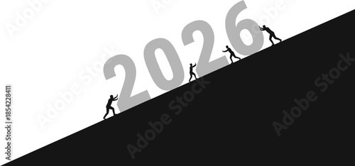 People pushing 2026 numbers uphill on grey background