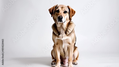 An adorable golden retriever puppy and adult dog breed are isolated on a white background in a cute domestic pet portrait featuring young brown and white canine mammals