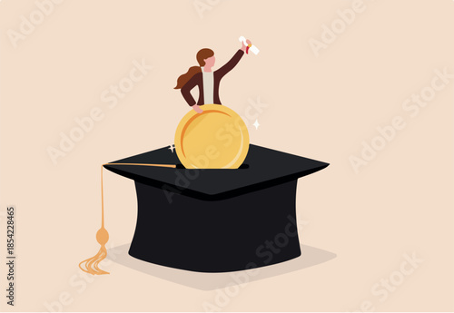 Education fund for college, saving for school or university tuition fee, study cost or training expense concept, young woman insert money coin into mortarboard saving box while holding degree scroll.