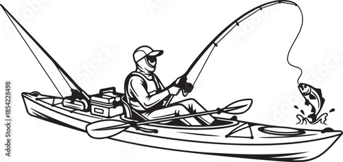 Minimalist silhouette of lone kayak fisherman with fishing rod, paddle, and gear against stark white background vector illustration