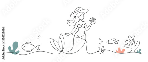Mermaid sitting with sea creatures and plants underwater scene
