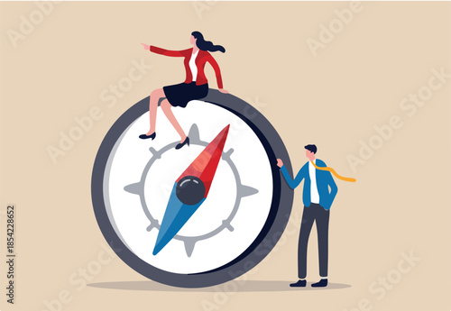 Women leadership, successful female lead business direction or lady visionary to achieve goals concept, confidence smart lady businesswoman team leader in formalwear sitting on compass leading the way