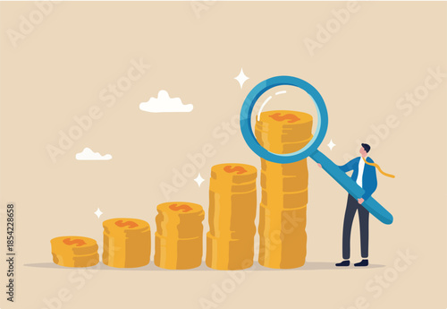 Investment or financial analysis, wealth management or revenue growth, economic or profit improvement, income or portfolio analysis concept, businessman with magnifying glass on growth coin stack.