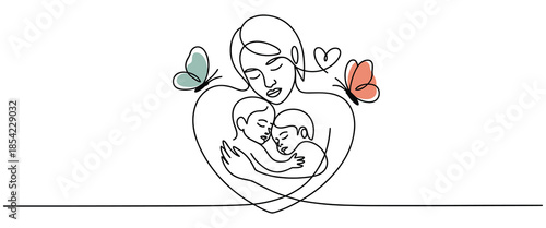 Mother holding baby in heart shape with butterflies