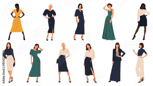 Collection of women in various dresses standing in different poses against a white background
