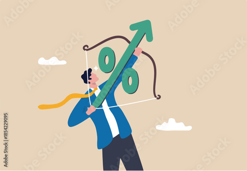 Interest rate hike due to inflation percentage rising up, FED, federal reserve or central bank monetary policy, economics or loan concept, businessman archery percentage arrow high up into the sky.