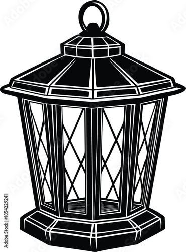 Black and white lantern with intricate geometric patterns