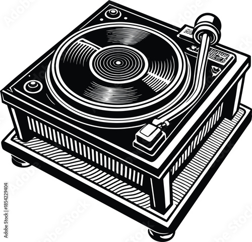 Black and white vinyl record player with a spinning disc