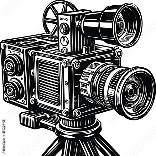 Vintage black and white camera on a tripod mechanical