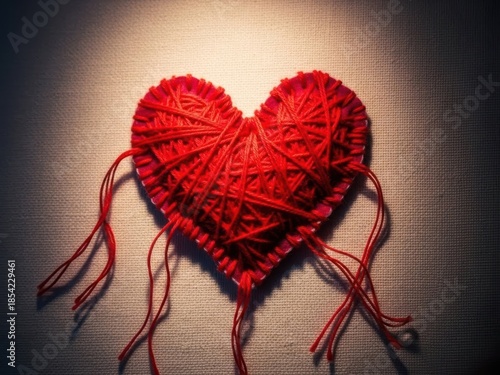 Red Handmade Heart Made of Yarn Threads