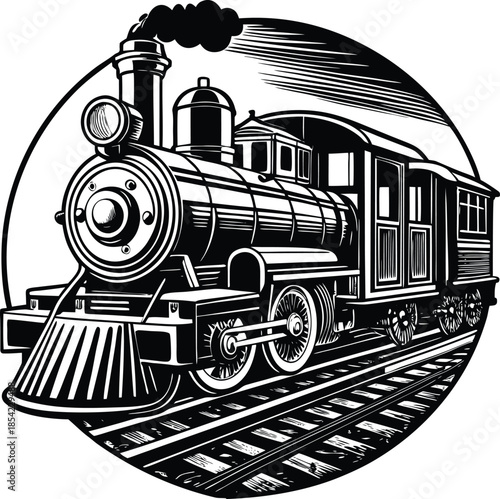 Vintage steam train on railway tracks locomotive black