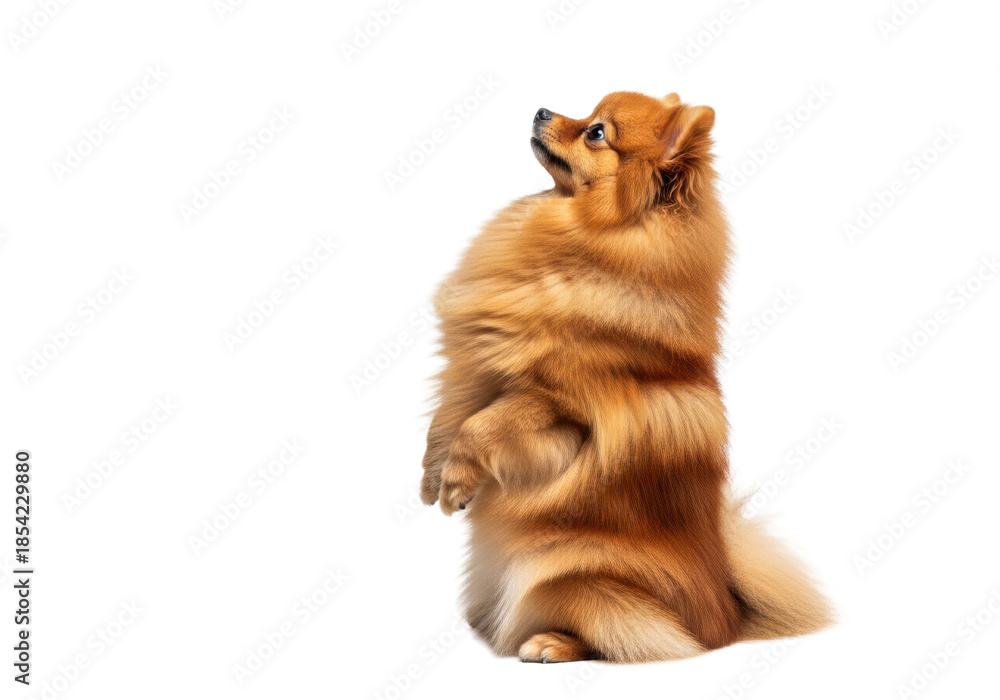 Obraz premium An intensely fluffy orange-ginger pomeranian dog standing obediently on hind legs in profile against a stark white, high-key studio background, commercial pet portraiture concept