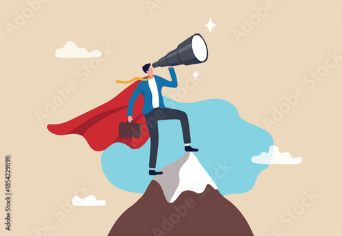 Business vision to see journey to success, discovery new opportunity, looking for jobs, future success or career goal, leadership mission concept, businessman lookout telescope on top mountain peak. 