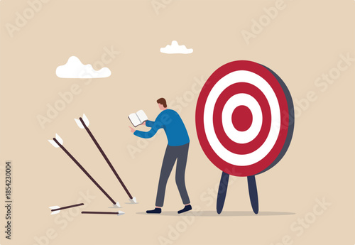 Learn from failure or mistake, admit and embrace the failure and practice to achieve success next time concept, businessman holding book look at missed target arrow learning or studying mistakes