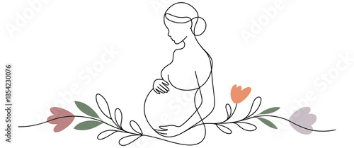 Pregnant woman sitting with flowers and leaves in minimalist line art style